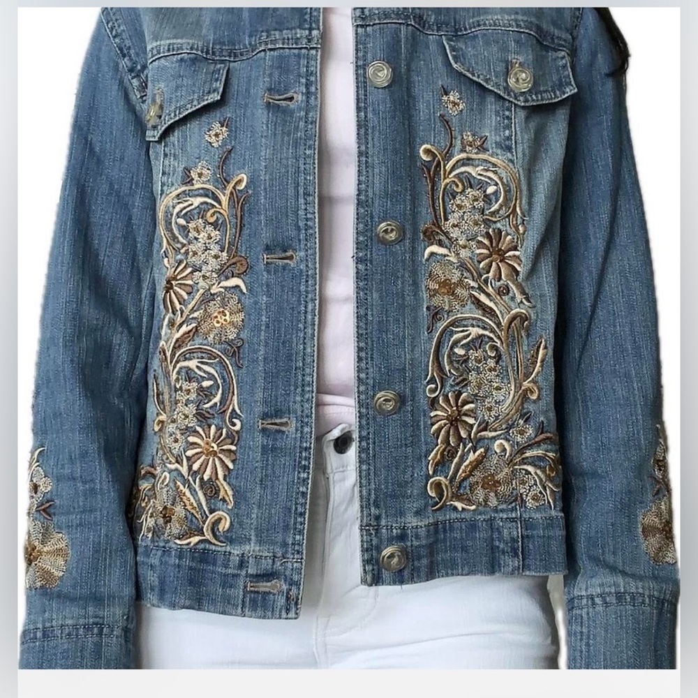 Coldwater Creek Blue Denim Jacket with Brown Floral Embroidery